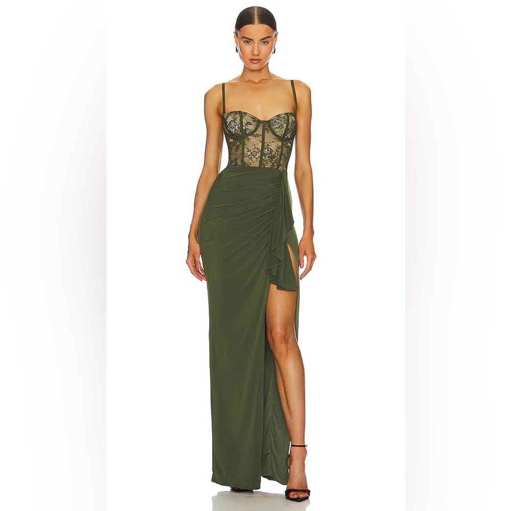 Olive Lace Bustier & Draped Skirt Evening Dress